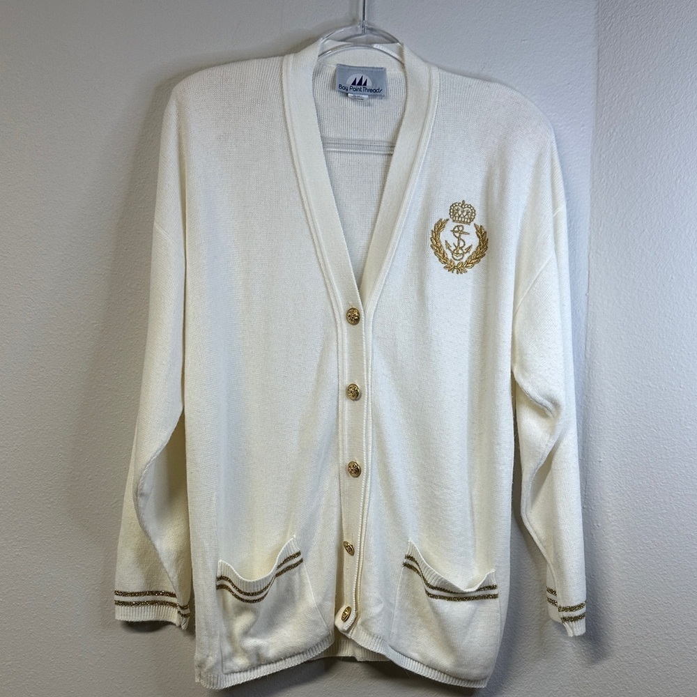 80s Vintage Bay Point Threads Knit Cardigan Gold Embroidered Nautical Crest M